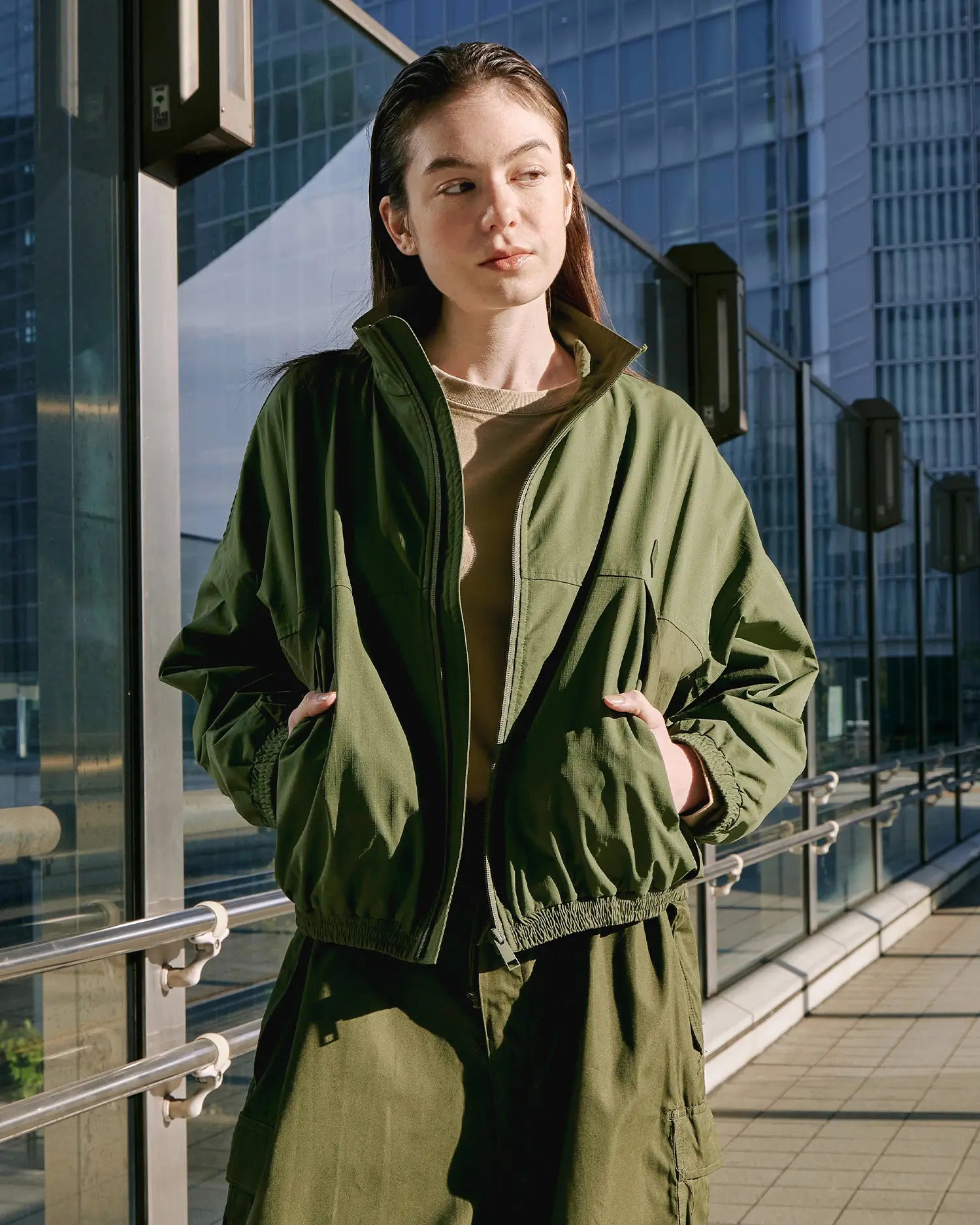 Shop Women s Cropped Track Jacket in Military Green KOLAB